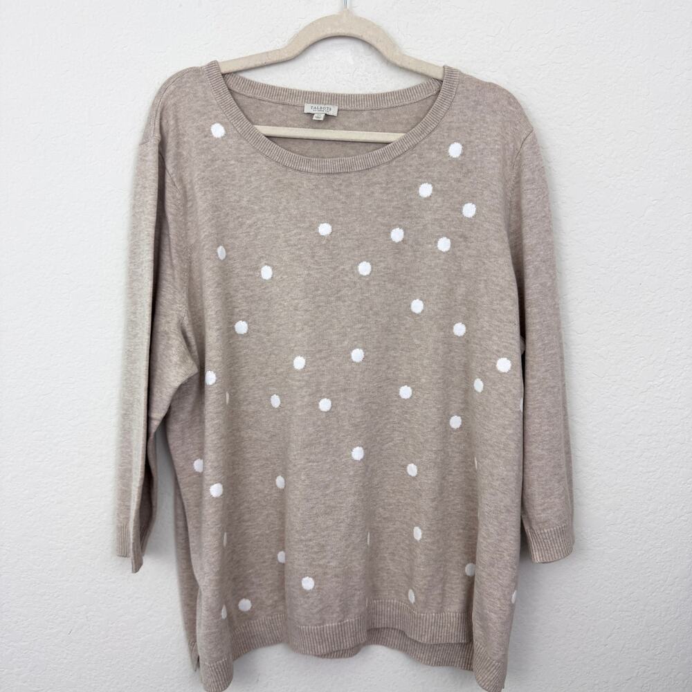 Talbots Womens Knit Sweater Size 3X Polka Dot Neutral 100% Cotton Tan